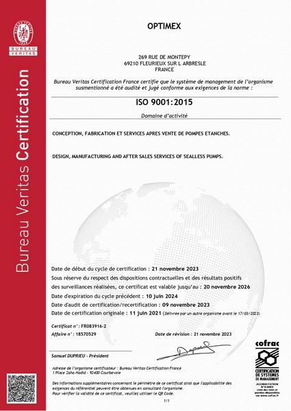 Optimex ISO 19443, fournisseur de pompe étanche pour l'industrie